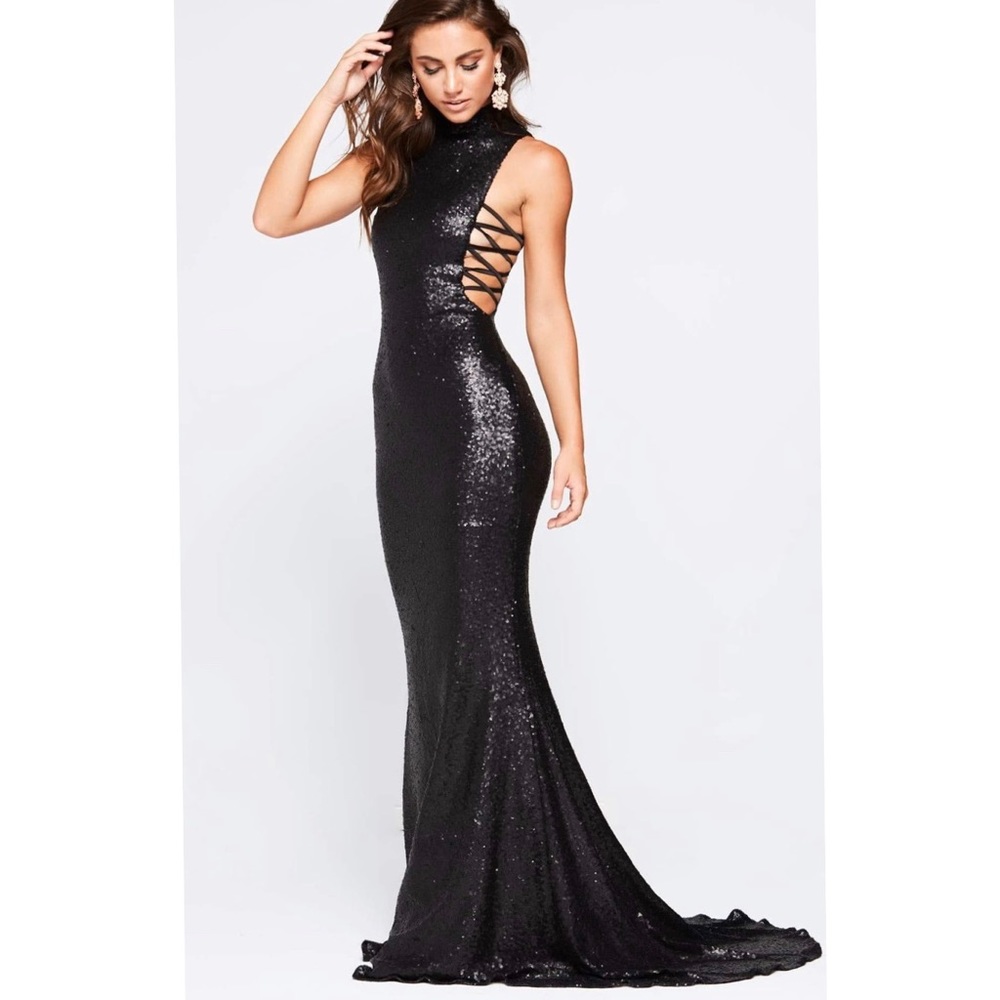 Black sequin gown with split